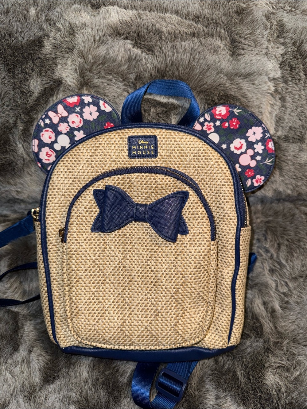 Disney Minnie Mouse Straw-Effect Backpack with Navy Trim and Floral Ears